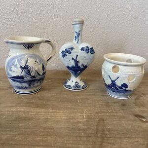 Vintage Delft Blue Planter Pitcher Oil Dispenser Holland Windmills Boats Floral